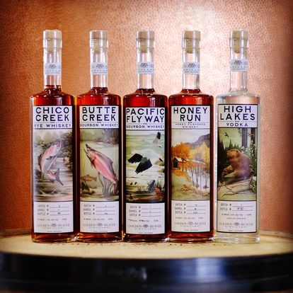 chico creek, butte creek, pacific fly way,and honey run whisky and high lakes vodka bottles